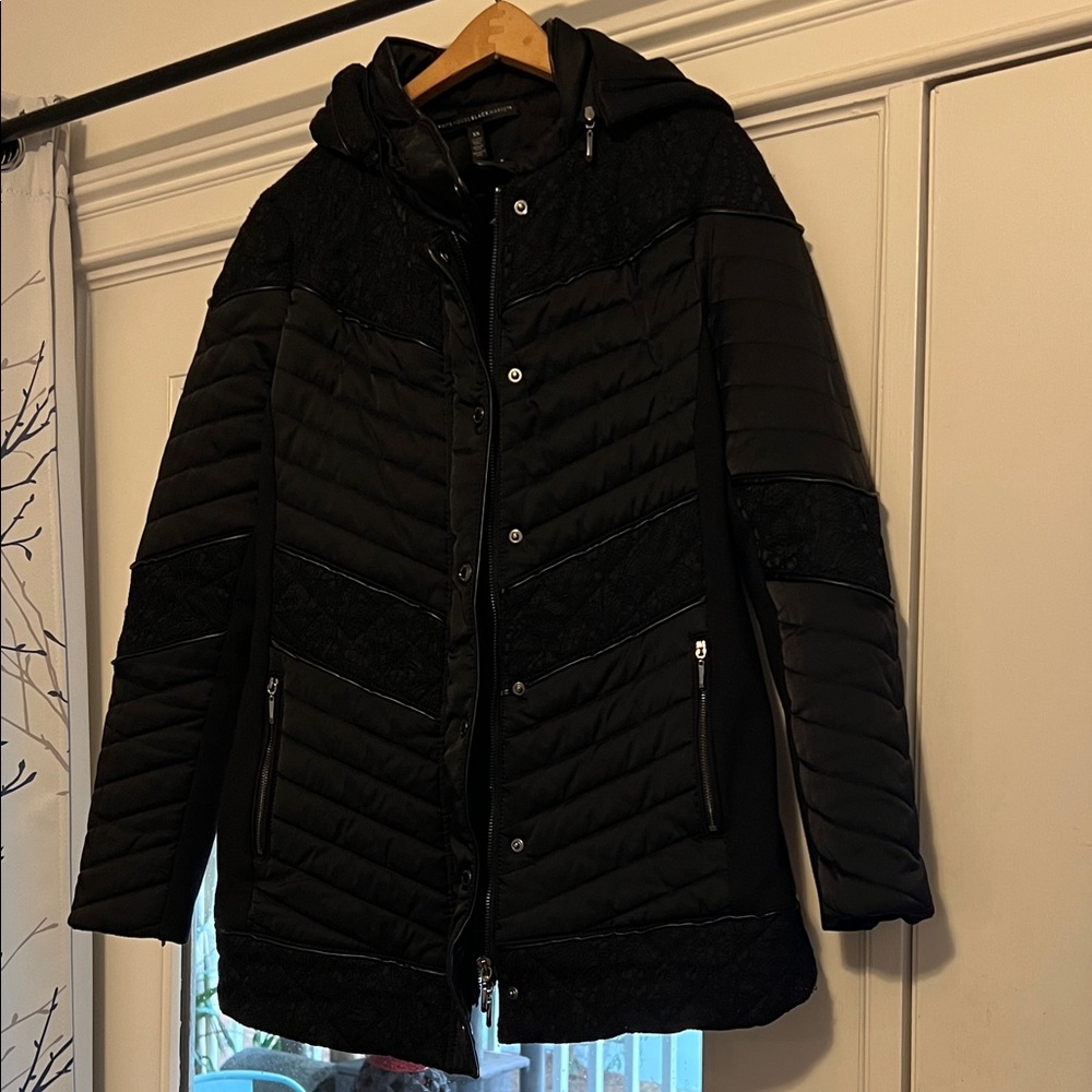 White House Black Market Quilted lace detail Black coat